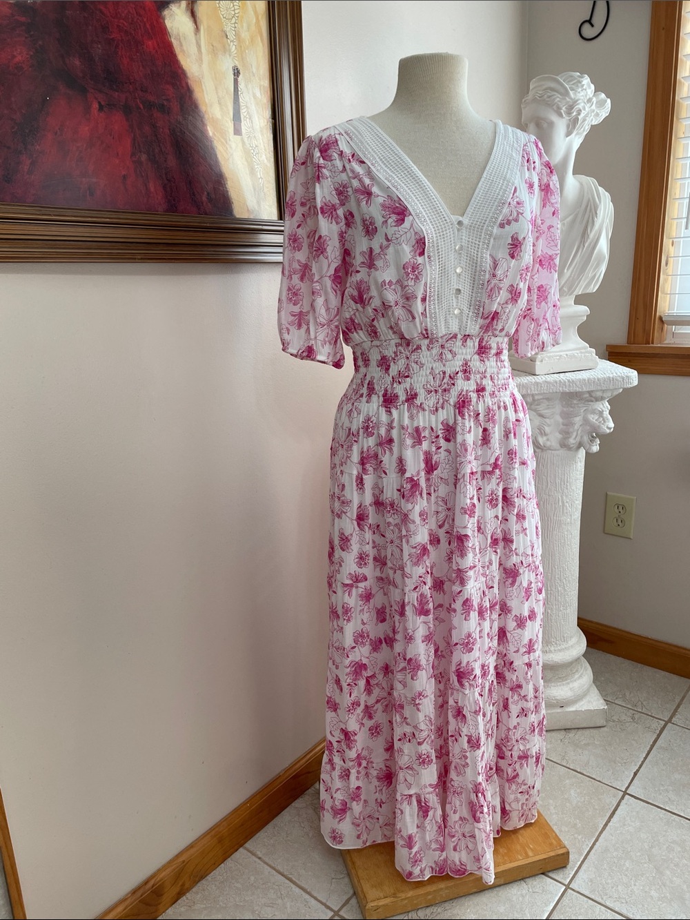 J Gee Maxi Dress Lady Like White Pink Floral BEAUTIFUL Lined